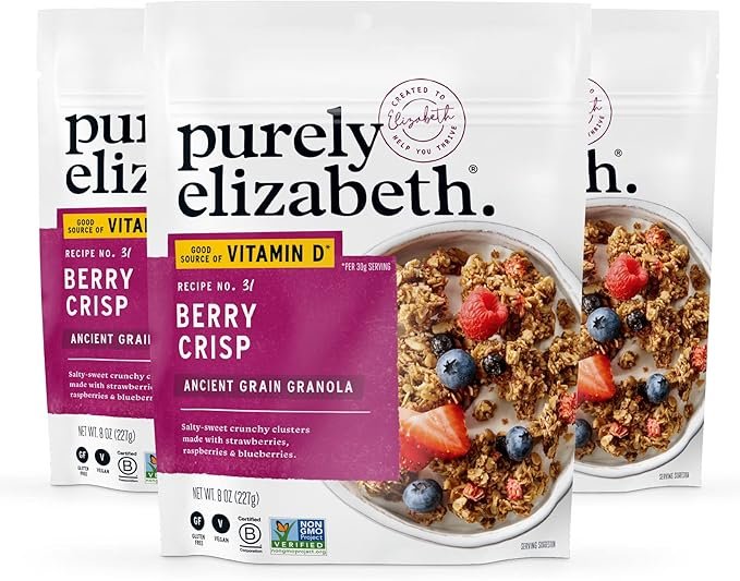 Purely Elizabeth Berry Crisp Granola wit Vitamin D, Made with Organic Oats and Ancient Grains, Gluten-Free, Non-GMO (3 Ct, 8oz Bags)